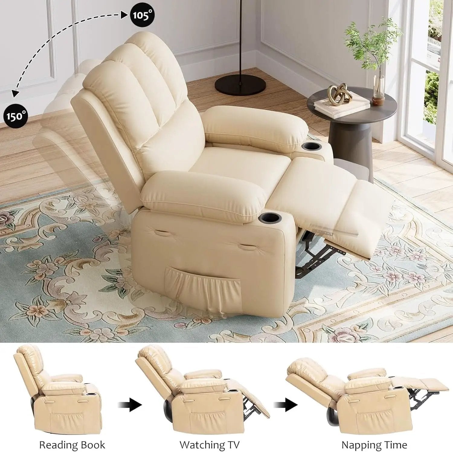 Beige Leather Manual Recliner Chair With Cup Holders from PriceLows™