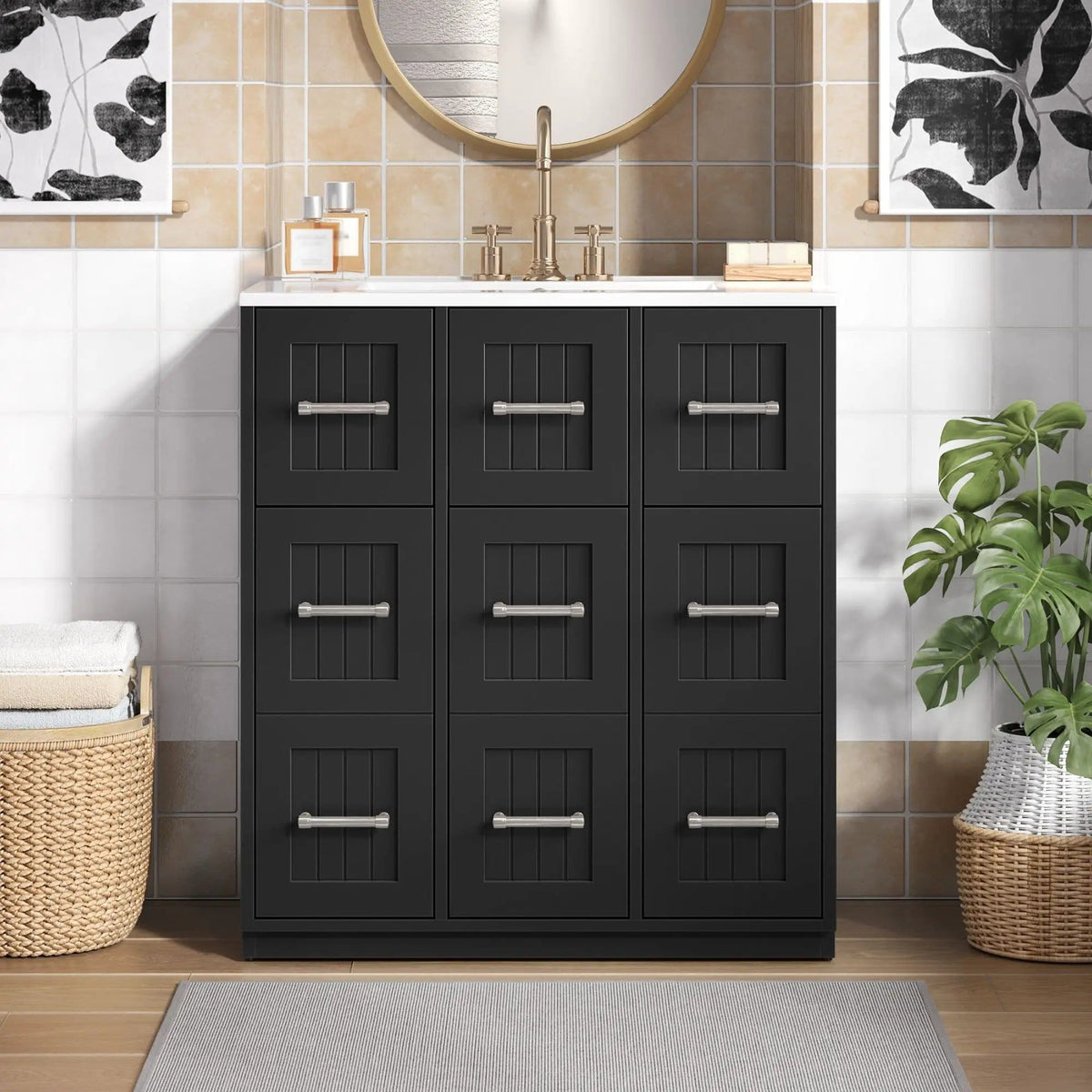 Bathroom Vanity With Undermount Sink, Soft-Close Doors, Drawers, Ceramic Sink | 30 x 18.4 x 33.8 in | Solid Wood & Metal | Bathroom