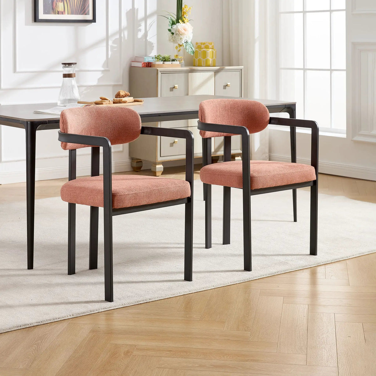 Dining Arm Chairs | Set Of 2 | Matte Metal Legs | Curved Ergonomic Backrest