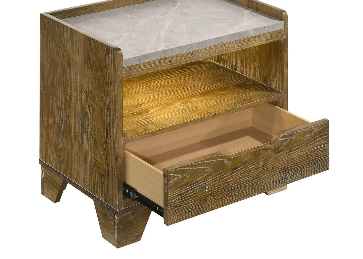 Henderson 1-drawer LED Nightstand Bedside Table Medium | 23.25 x 15.5 x 23.5 in | Rubberwood & Faux Marble | Oak