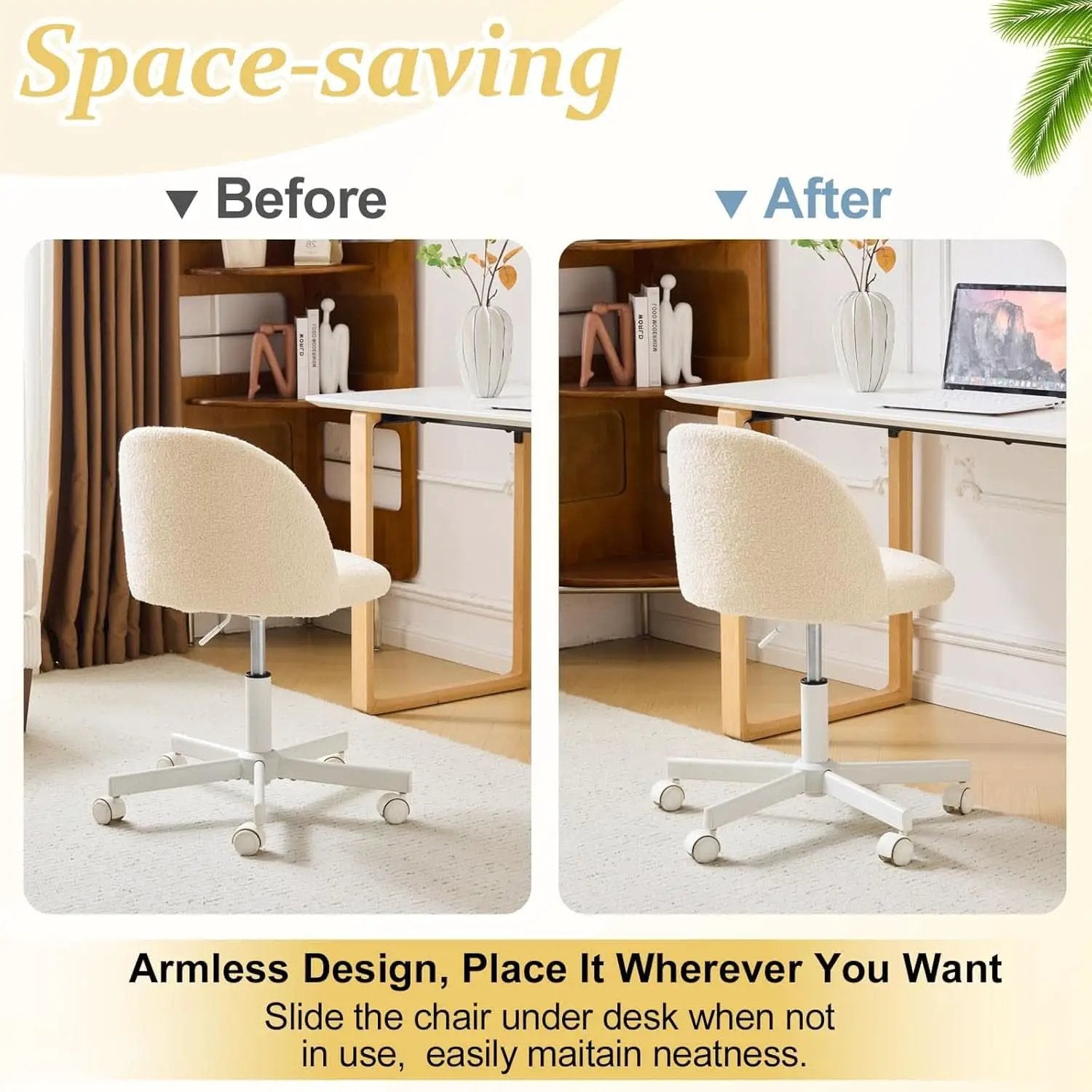 Armless Creamy Beige Teddy Fleece Office Desk Chair With Wheels from PriceLows™
