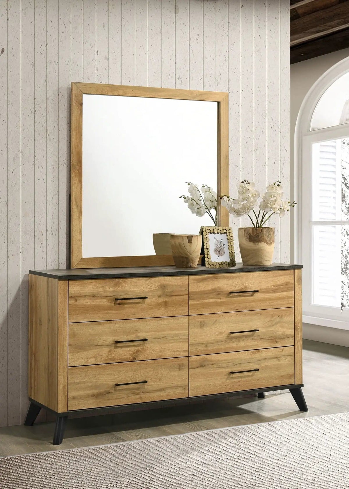 Kaywood 6-drawer Dresser and Mirror Natural Pine | 60.25 x 17.25 x 71.5 in | Engineered Wood & Metal | Bedroom