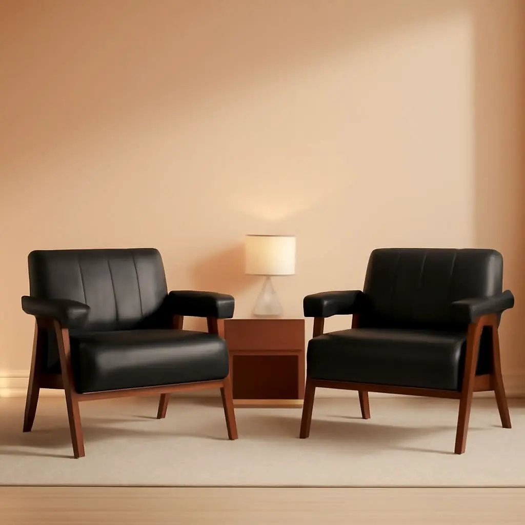 Mid Century Black Leather Upholstered Armchairs Pair from PriceLows™