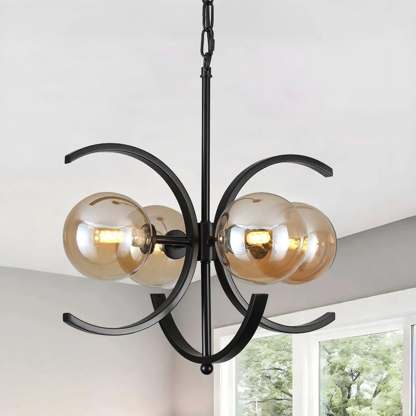 Black Sputnik Chandelier 4 Light Amber Glass Globes from PriceLows™