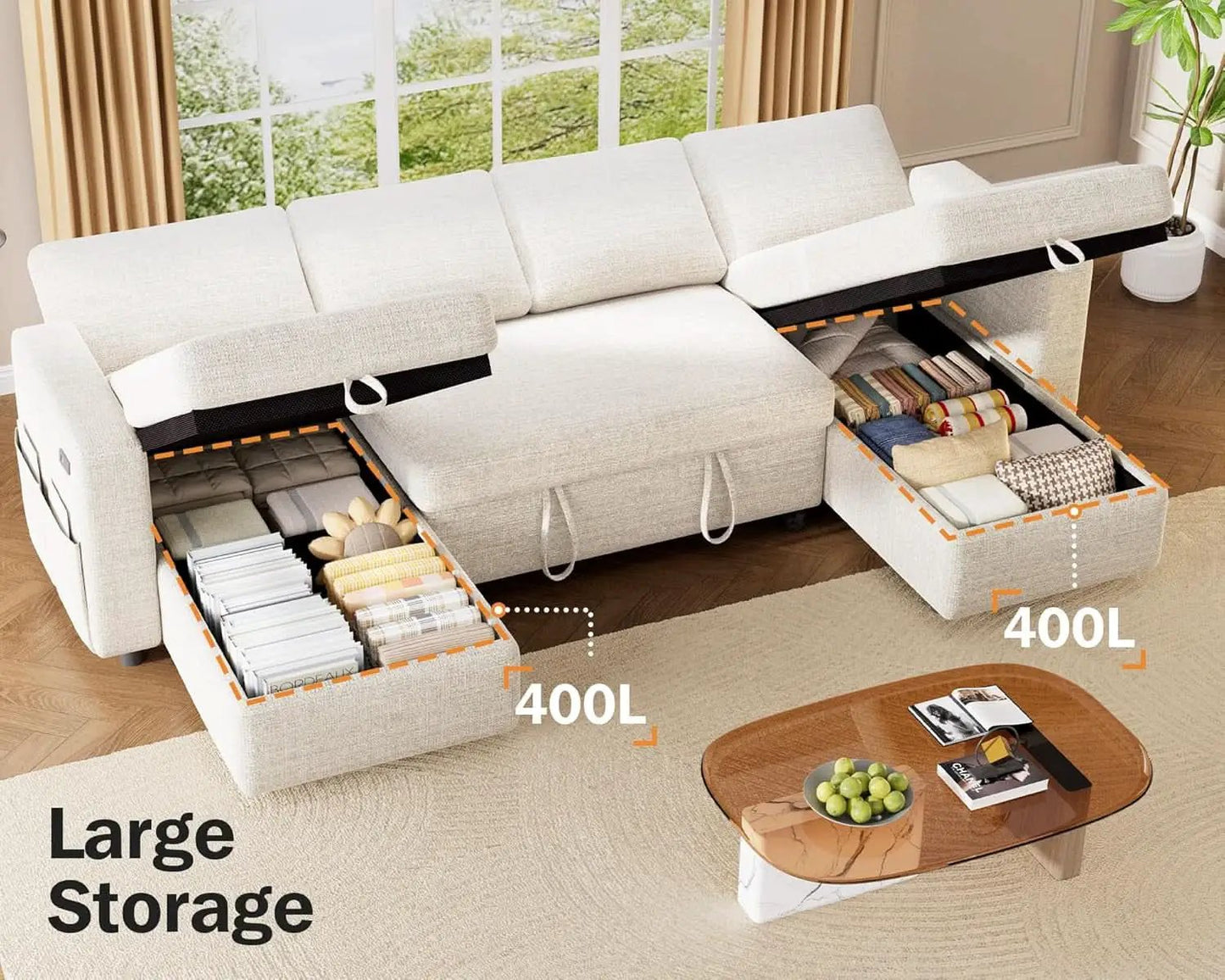 105Inch UShaped SectionalSofa With Pullout Bed Beige from PriceLows™