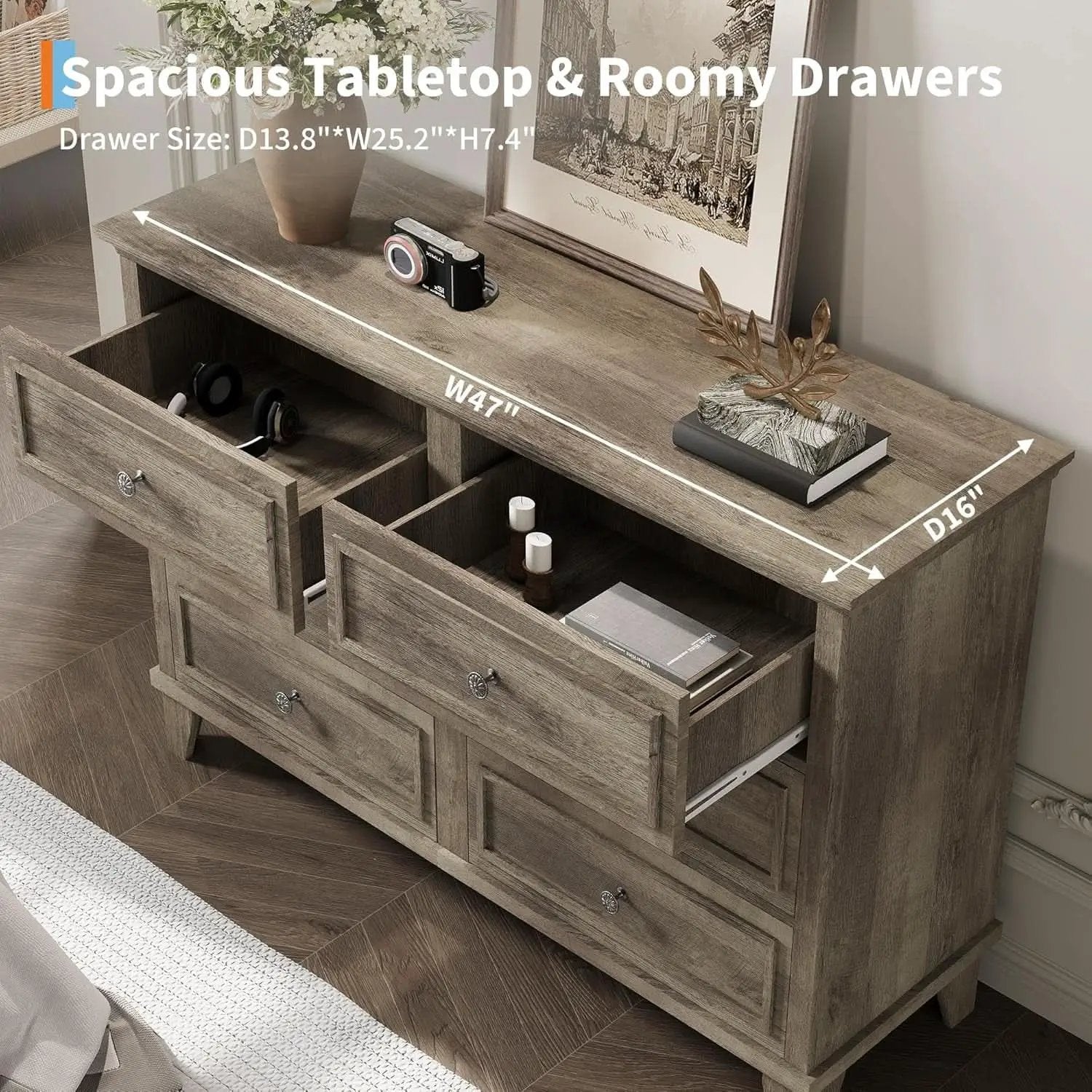 Grey Substantial Six Drawers Dresser With Hardware from PriceLows™