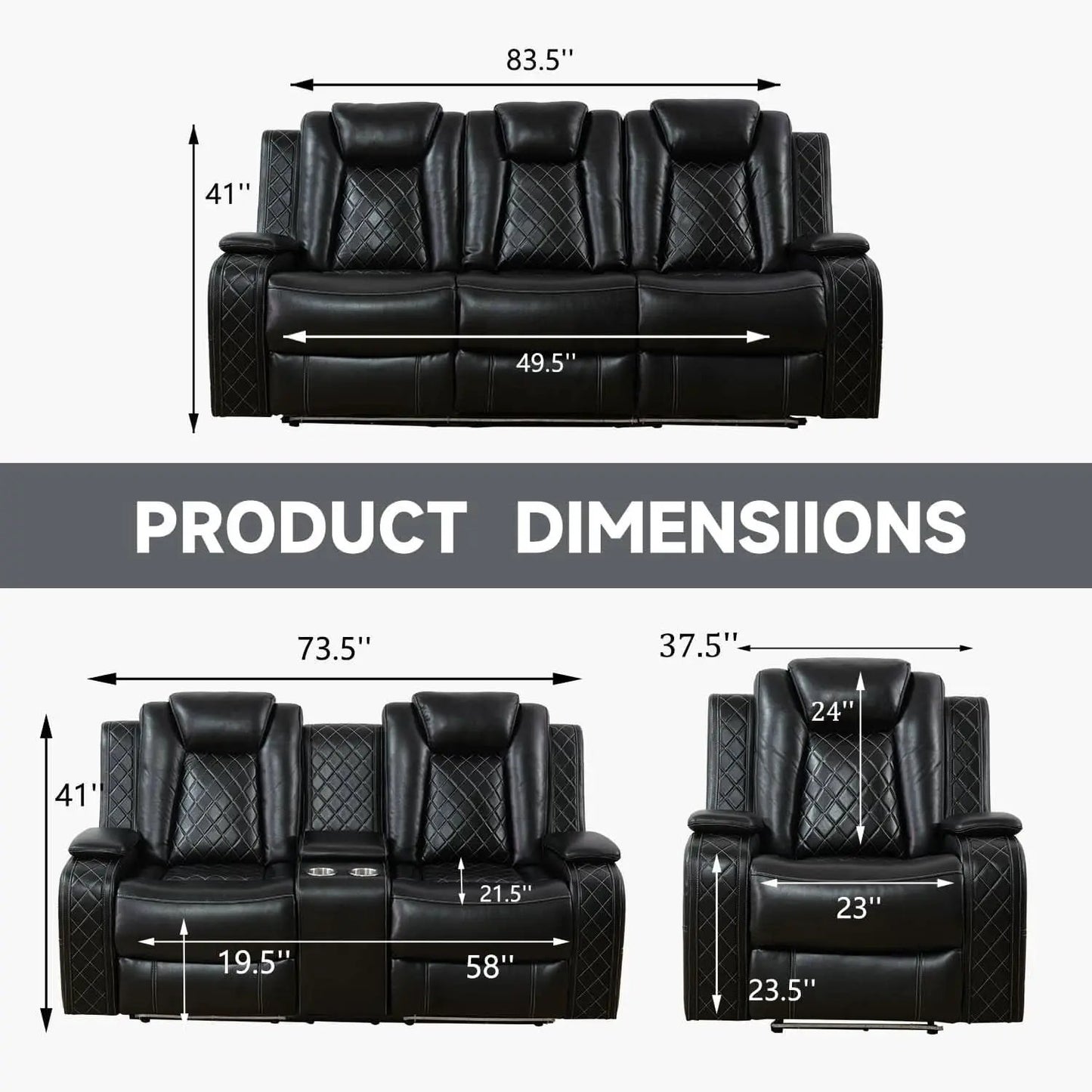 Power Reclining Leather Sofa Set With USB Ports Black from PriceLows™