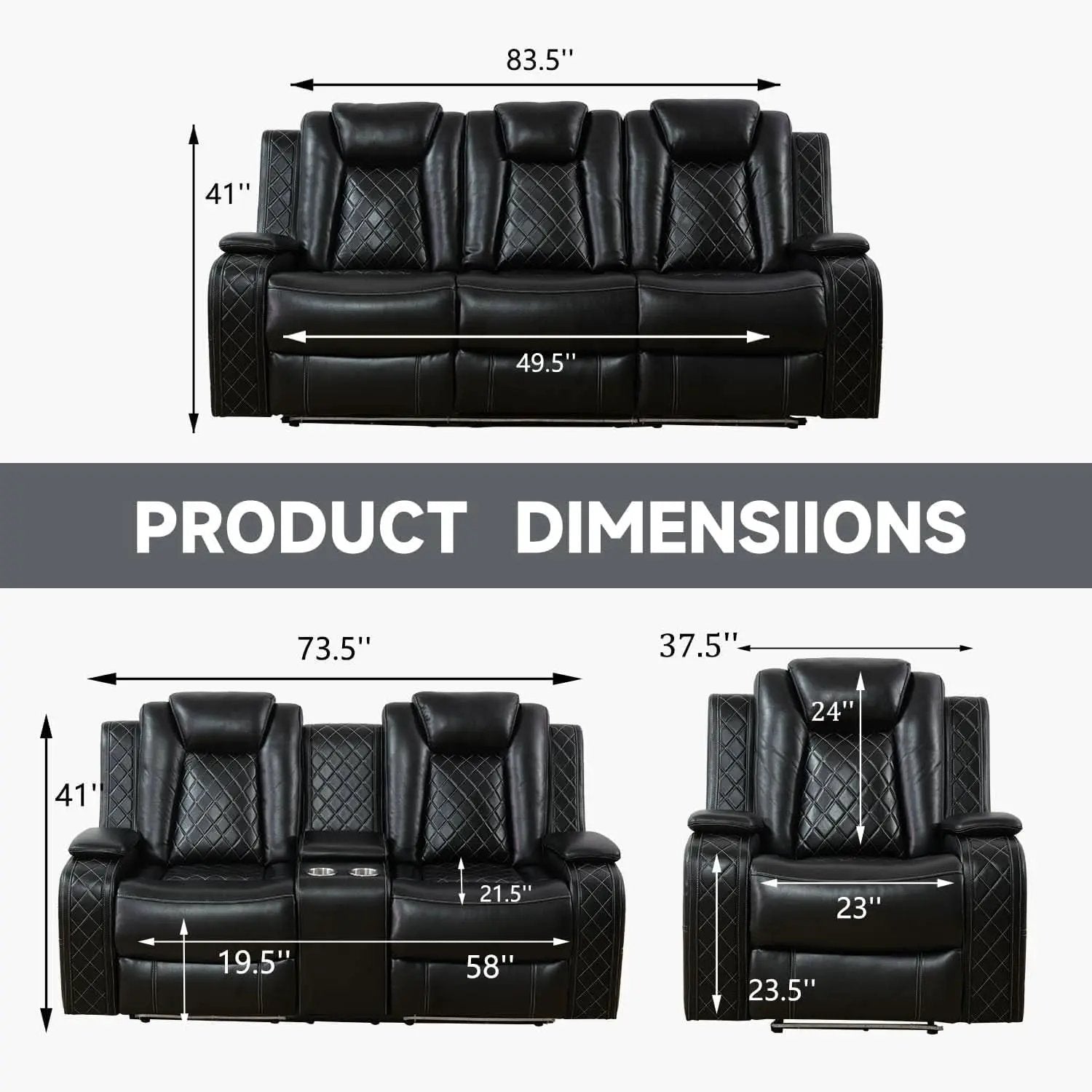 Power Reclining Leather Sofa Set With USB Ports Black from PriceLows™