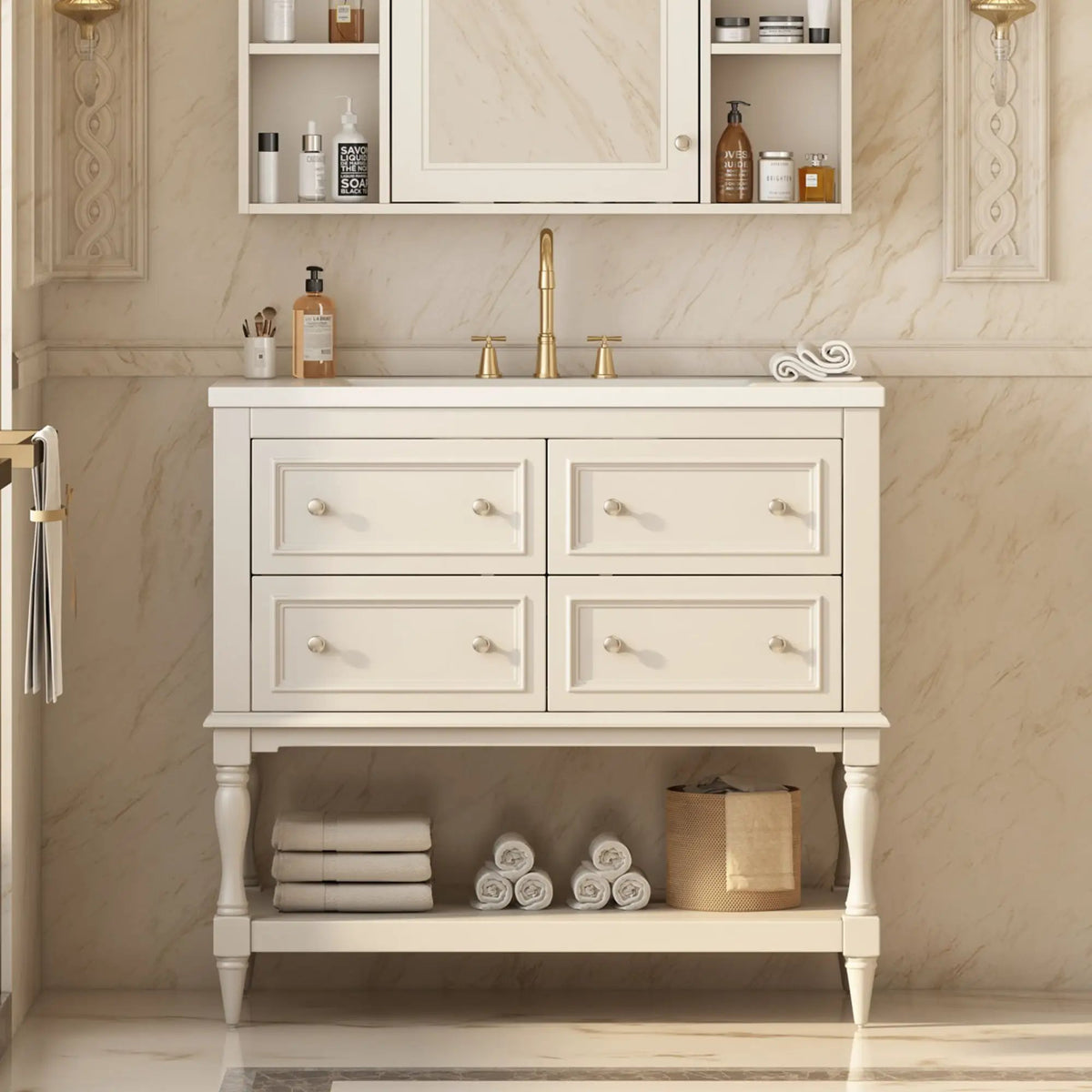36 Inch Bathroom Vanity With Undermount Sink | 4 Extension Drawers | Solid Wood Frame | Ceramic Sink