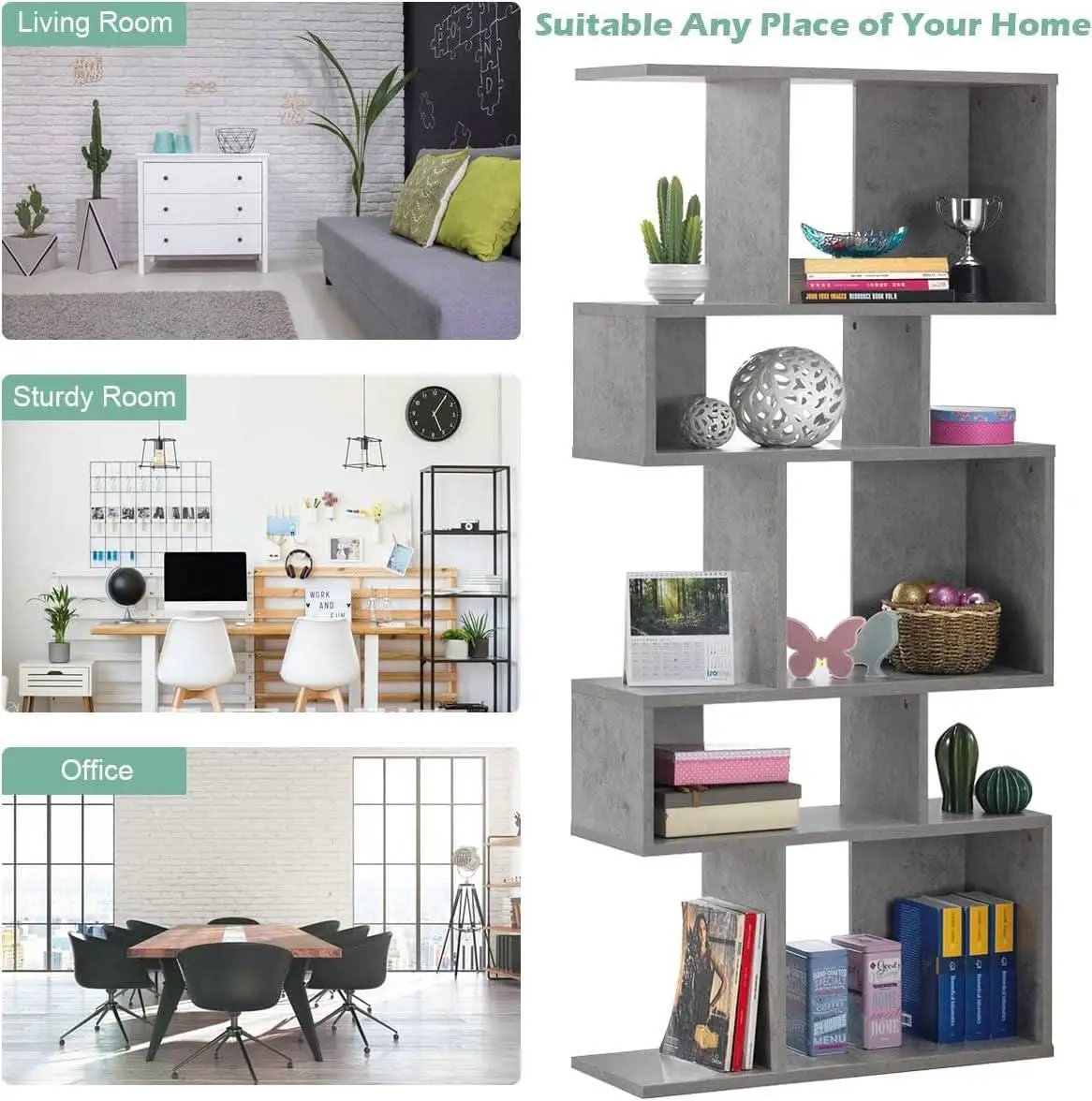 Gray Five Tier Geometric Bookshelf Set Of 2 70 Inch Tall from PriceLows™