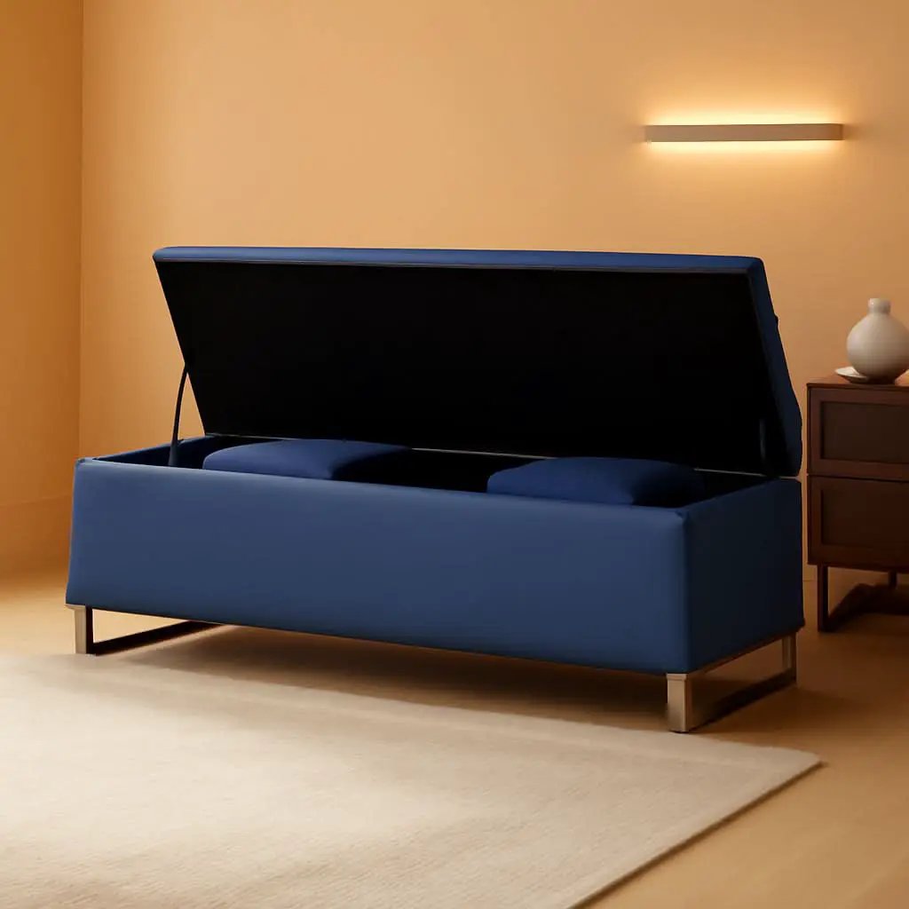 Navy Upholstered Storage Ottoman Bench With Hideaway from PriceLows™