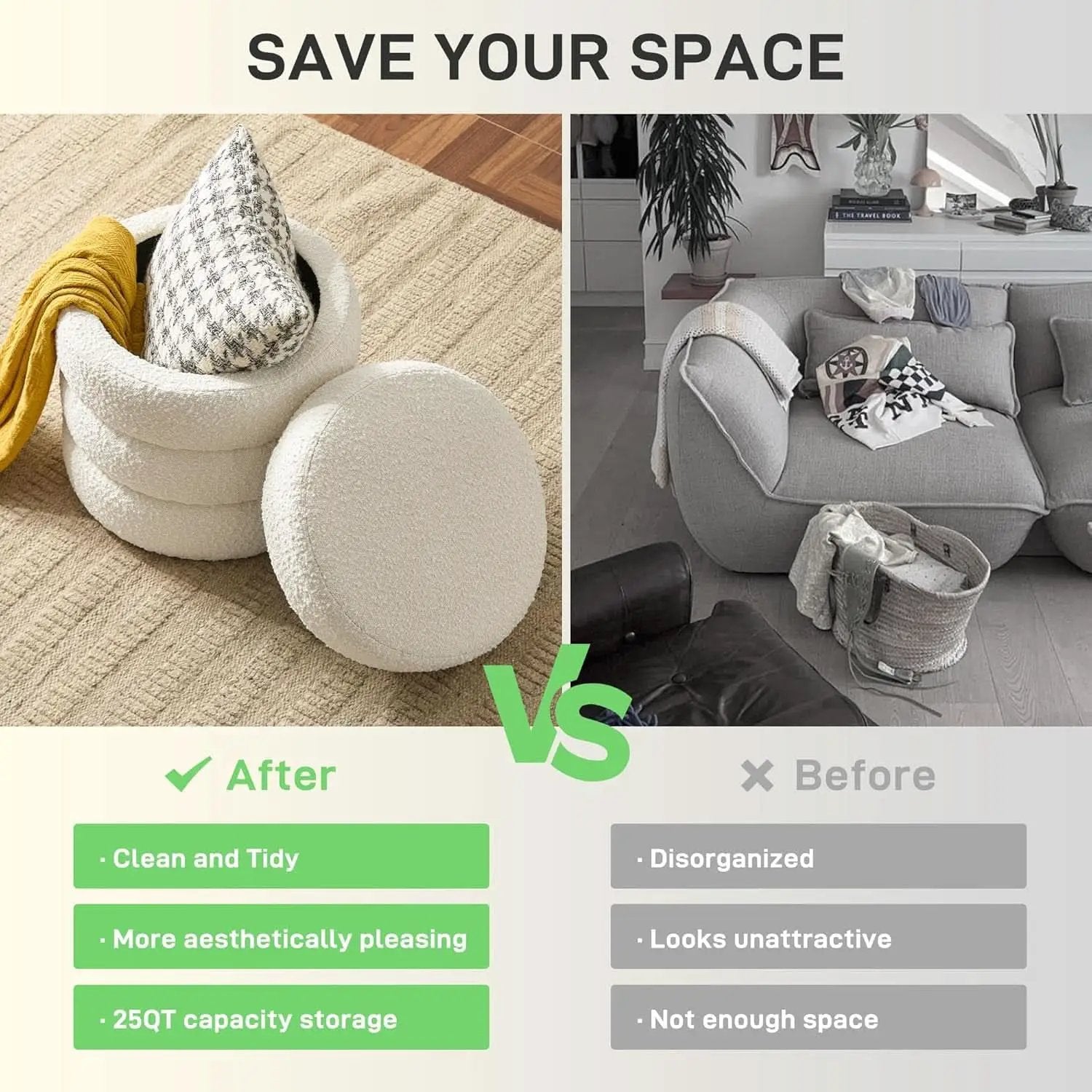 Round Storage Ottoman Featuring Removable Lid White from PriceLows™