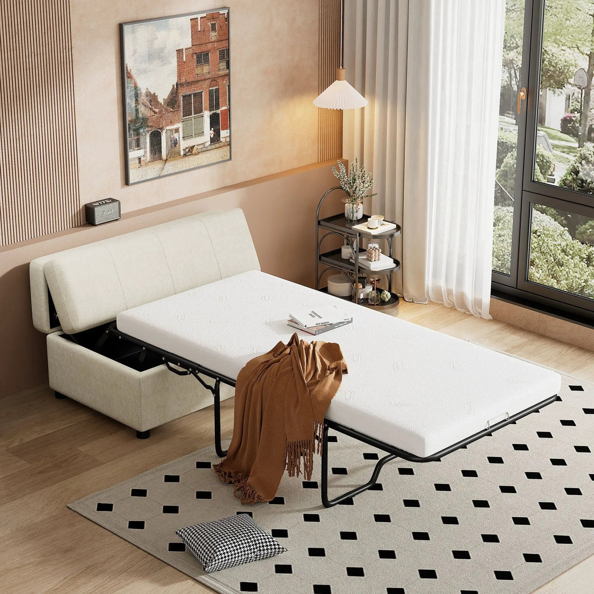 Twin Size Folding Ottoman Sleeper Bed | Includes Mattress | Convertible Guest Bed | High-Density Foam