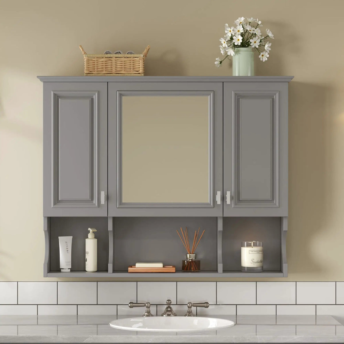 Wall Mounted Medicine Cabinet | Mirror | Open Shelves | 35 Inch Width
