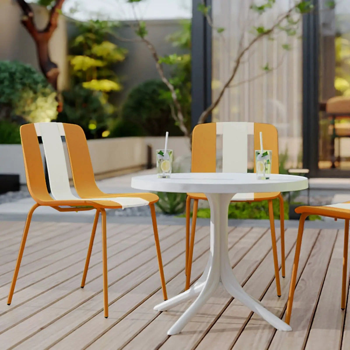 4 Piece Set Of Modern Striped Color Blocking Single Chairs With Round Table | 4-Piece Set | Metal | Outdoor Living