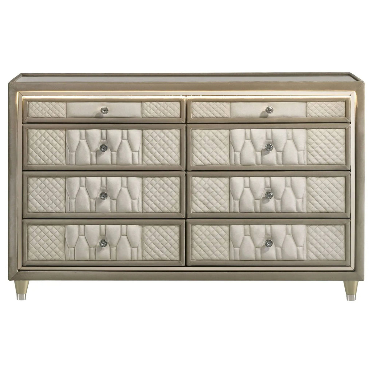 Lorient 8-drawer LED Bedroom Dresser Cabinet Ivory and Camel | 60.5 x 16 x 38.25 in | Rubberwood & Velvet | Bedroom