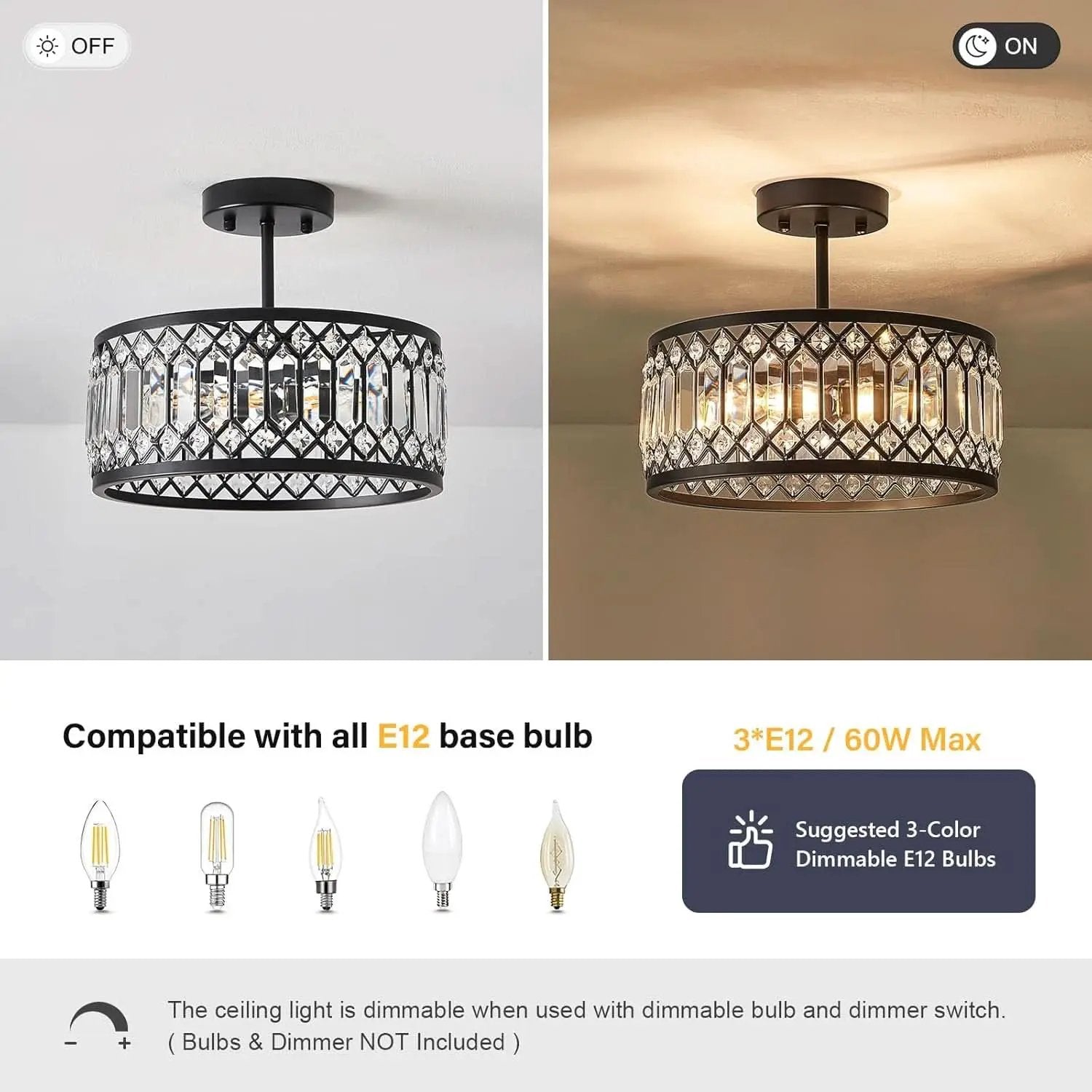 Crystal Black Three Light Semi Flush Mount Ceiling Light from PriceLows™