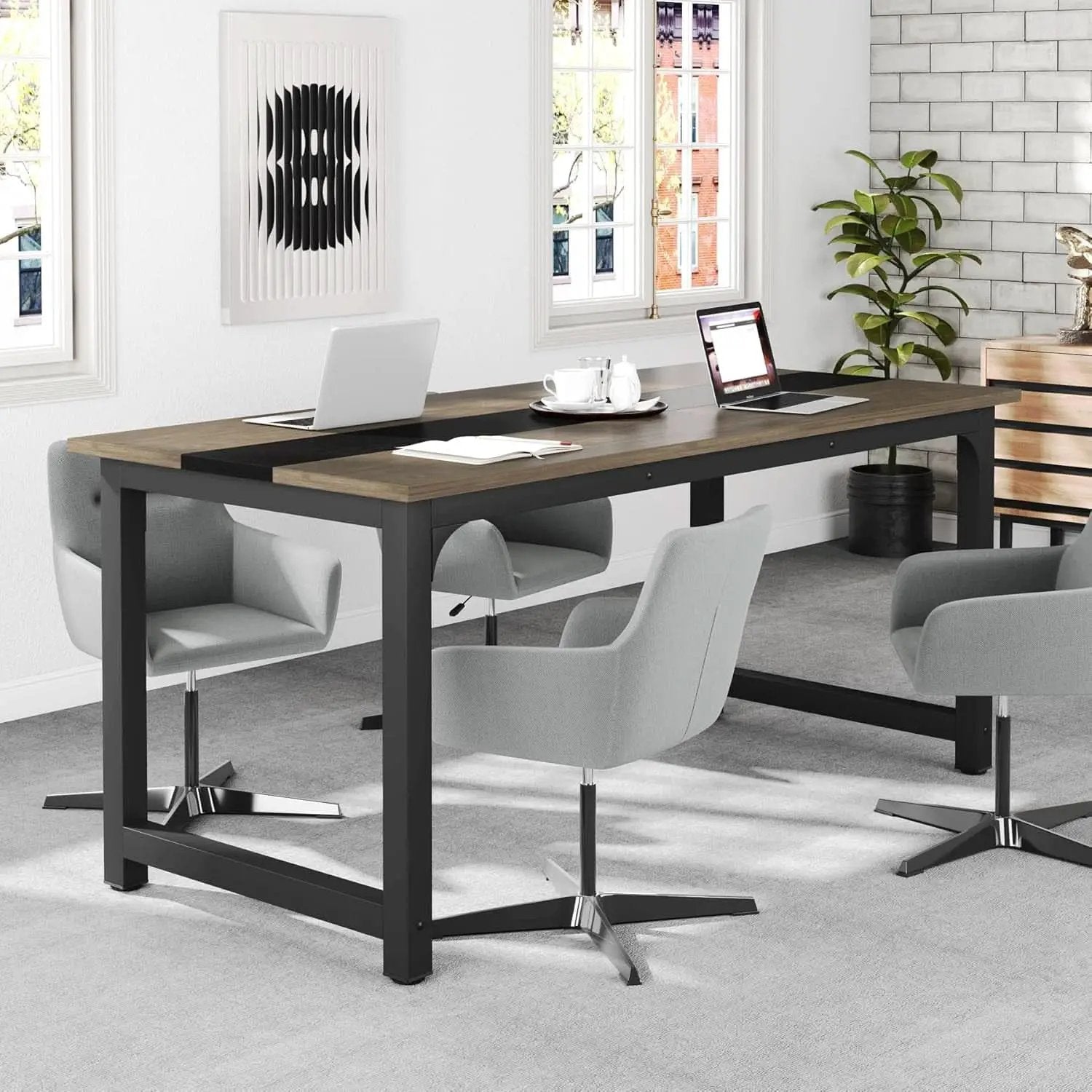 70.8 Inch Executive Desk Vintage Grey Black Large Office Computer Desk from PriceLows™
