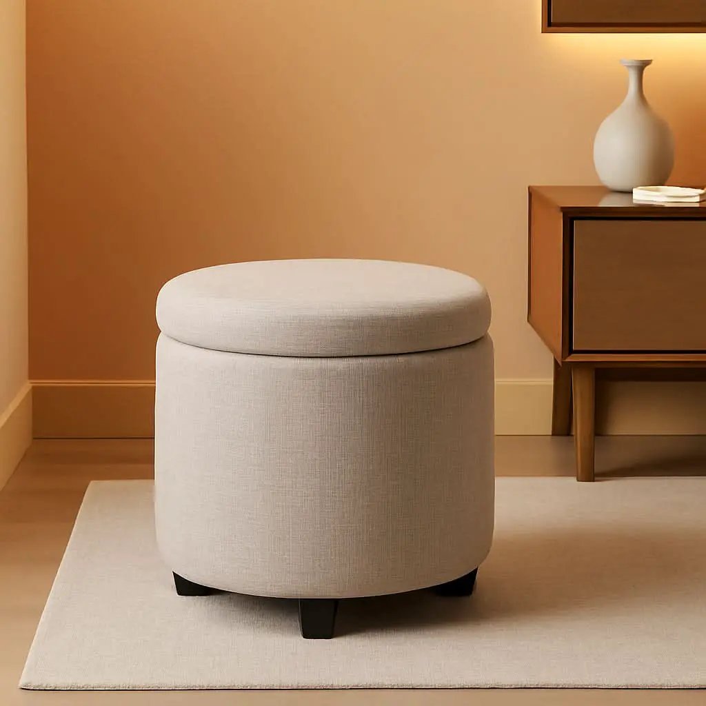 Round Storage Ottoman Upholstered Removable Tray Lid from PriceLows™