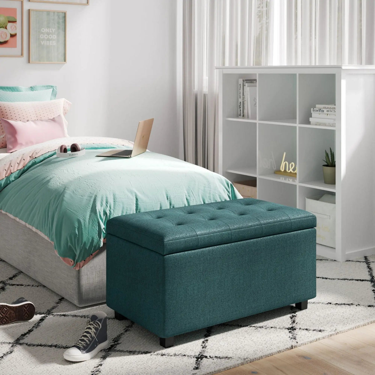Cosmopolitan Upholstered Storage Ottoman | Child Safety Hinge | Large Interior Storage | 33.5 Inch Length
