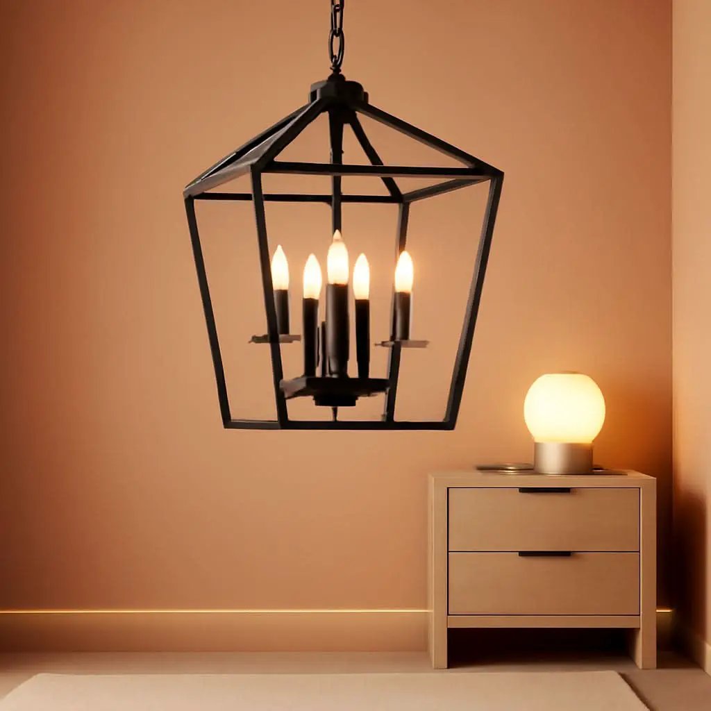 4 Light Black Lantern Chandelier With Adjustable Height from PriceLows™