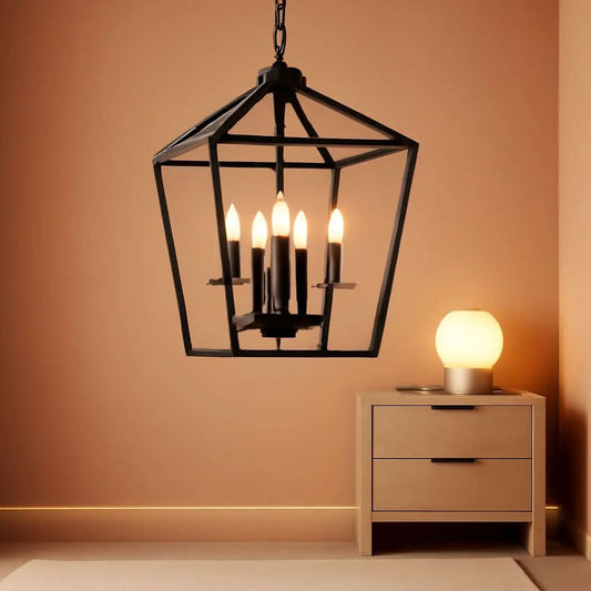 4 Light Black Lantern Chandelier With Adjustable Height from PriceLows™