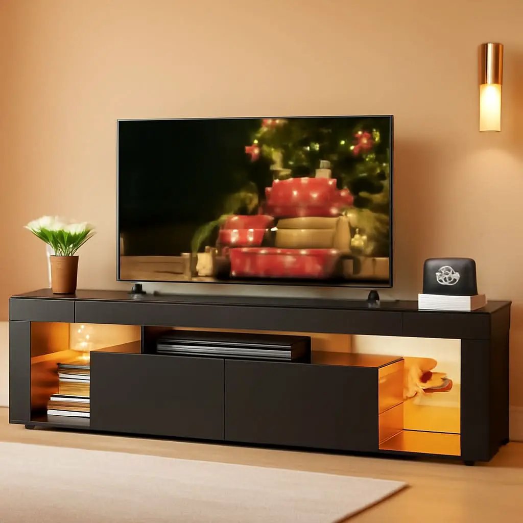 63 Inch Black LED TV Stand With 2 Drawers For Living Room from PriceLows™