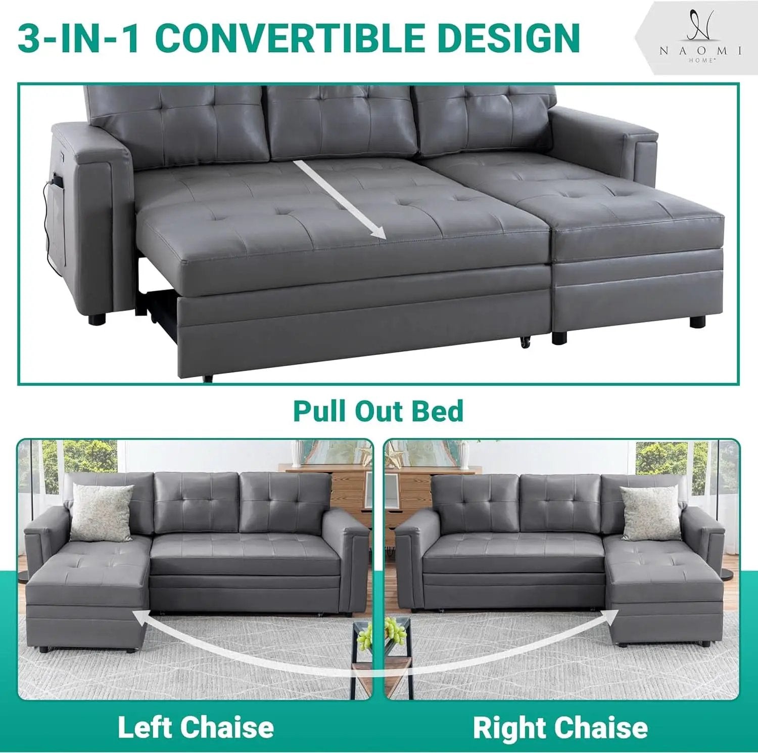 L Shaped Sectional Sleeper Sofa With USB Ports Gray Leather from PriceLows™
