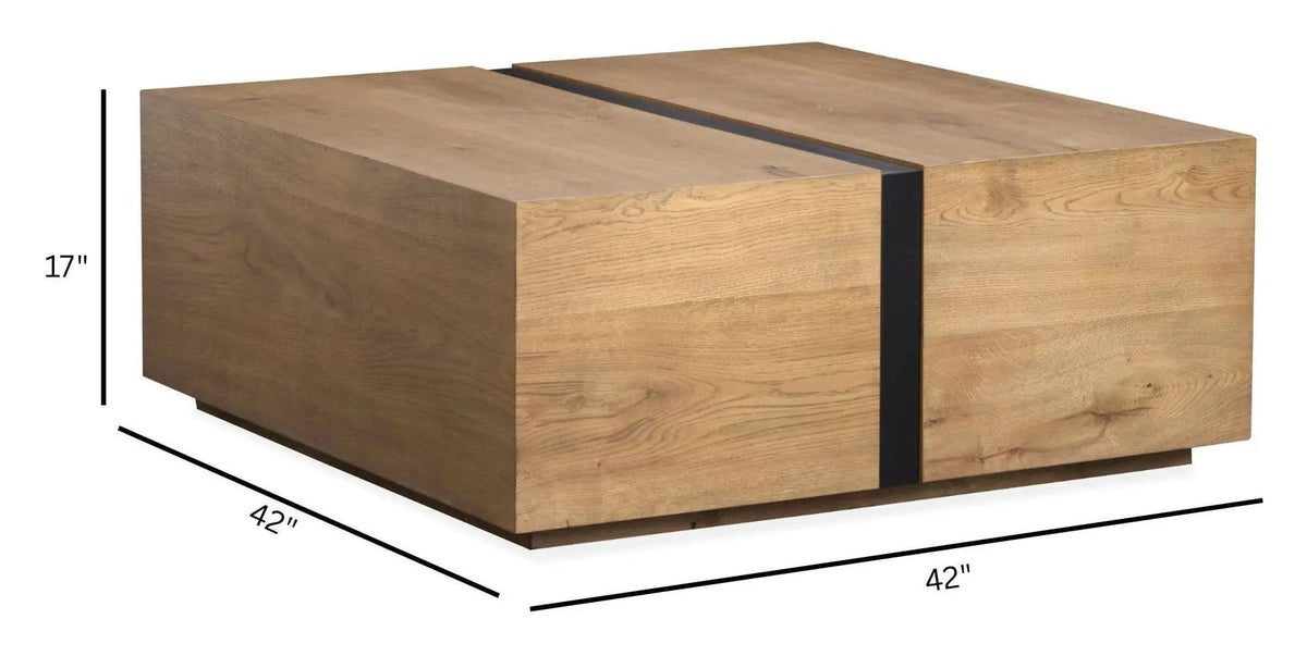Ripley Square Cocktail Table With Casters | 42 x 42 x 17 in | Oak Veneer & Metal | Rustic Caramel
