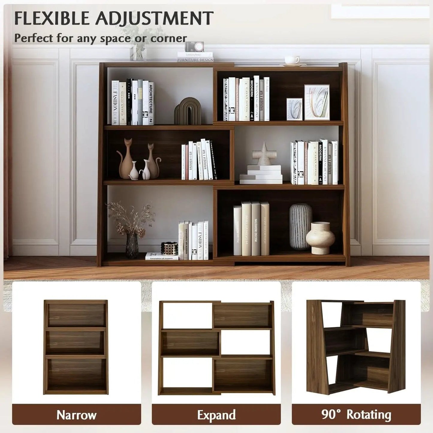 Extendable Walnut Three Tier Bookcase With Open Cubbies from PriceLows™