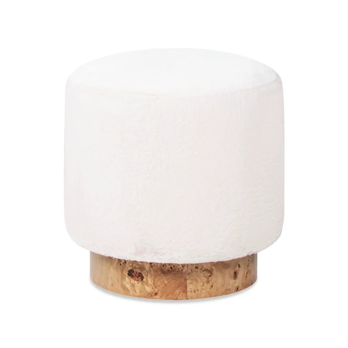 Tilly Round Fur Upholstered / Burl Pouf Ottoman | 16.5 x 16.5 x 17.5 in | Veneer & Wood | White