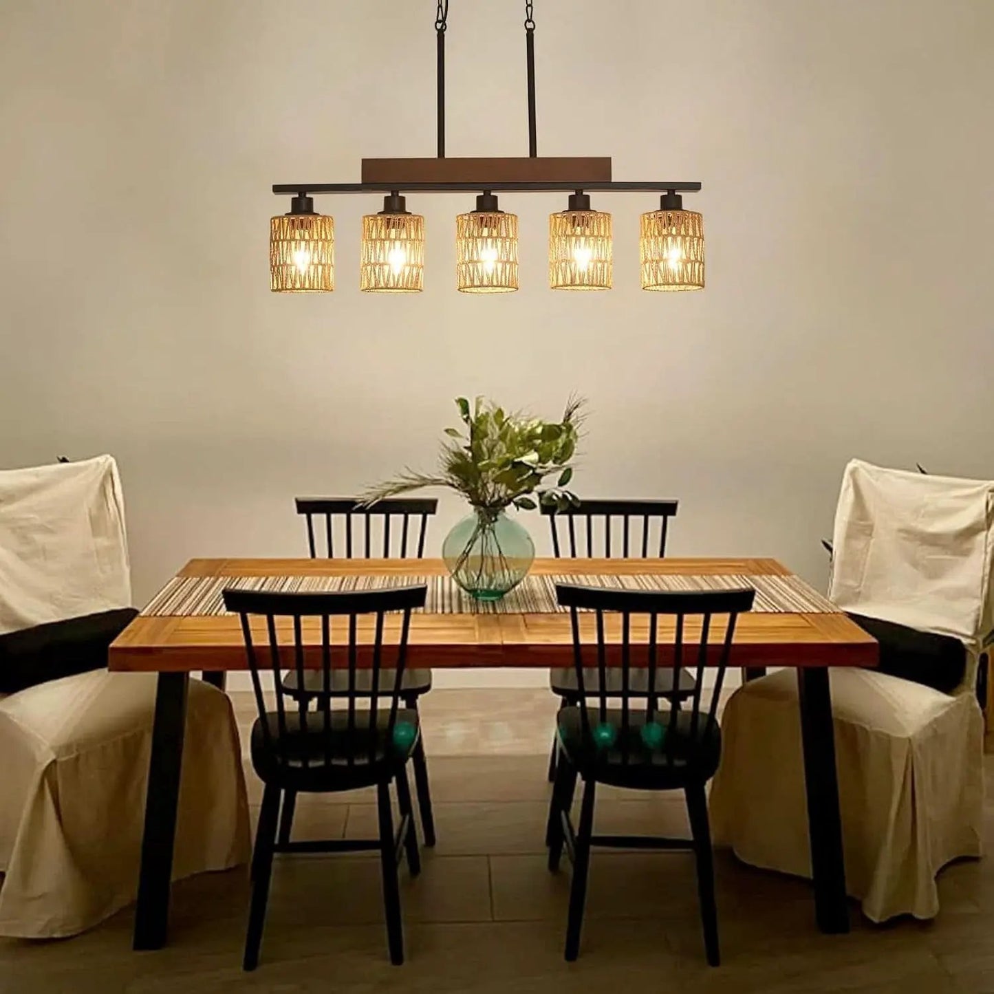 Rattan Farmhouse 5 Light Linear Chandelier Black Lighting from PriceLows™