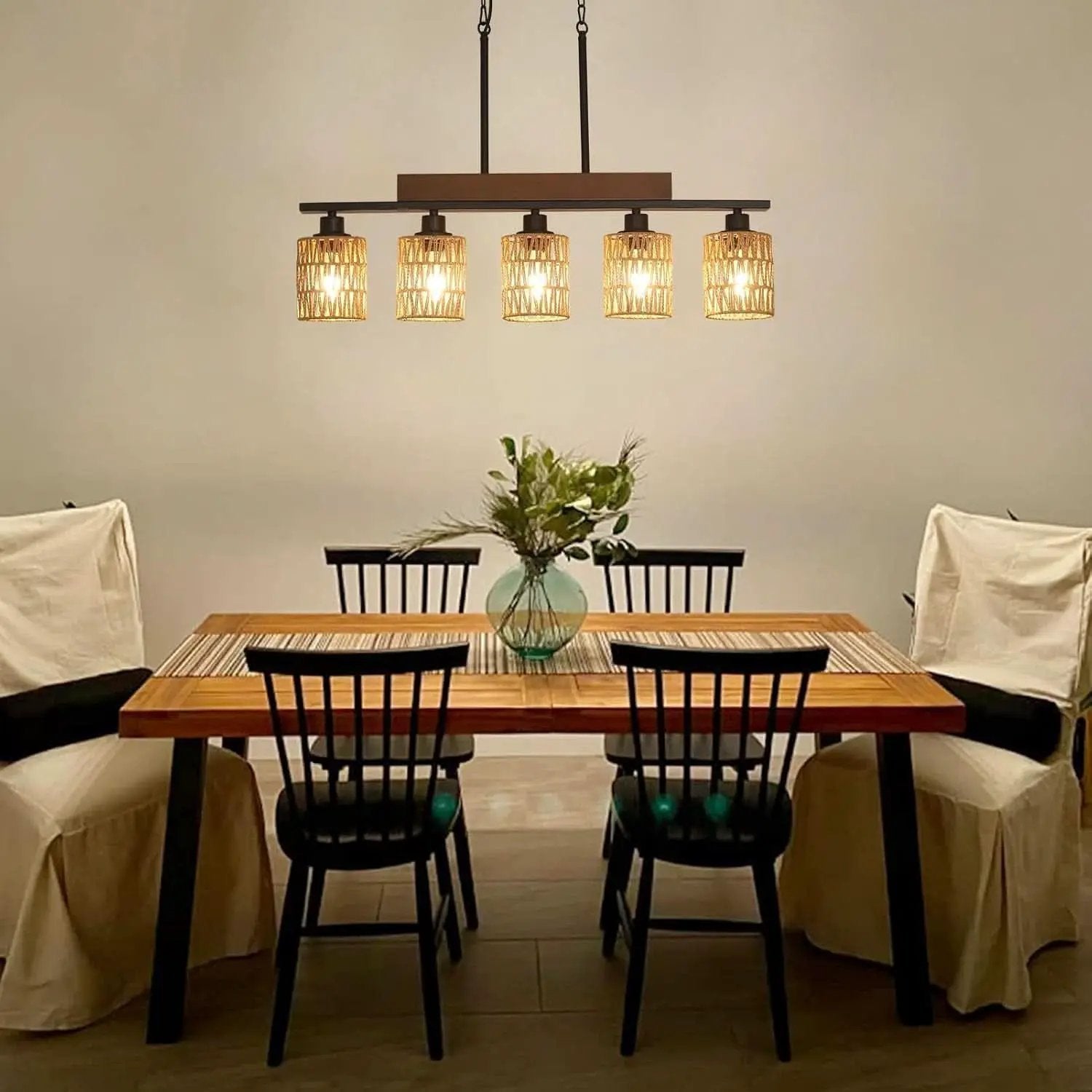 Rattan Farmhouse 5 Light Linear Chandelier Black Lighting from PriceLows™