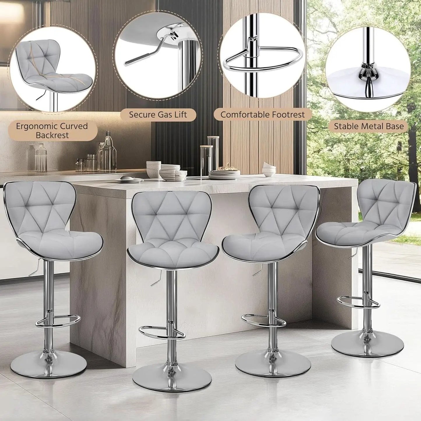 Bar Stools Set Of 2 Adjustable Swivel PU Leather Light Grey from PriceLows™
