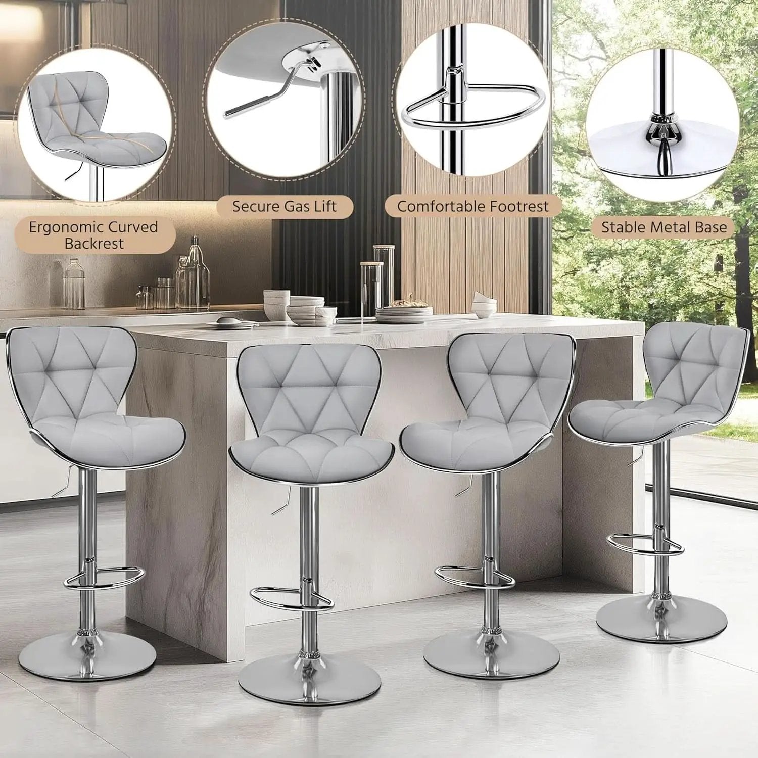 Bar Stools Set Of 2 Adjustable Swivel PU Leather Light Grey from PriceLows™