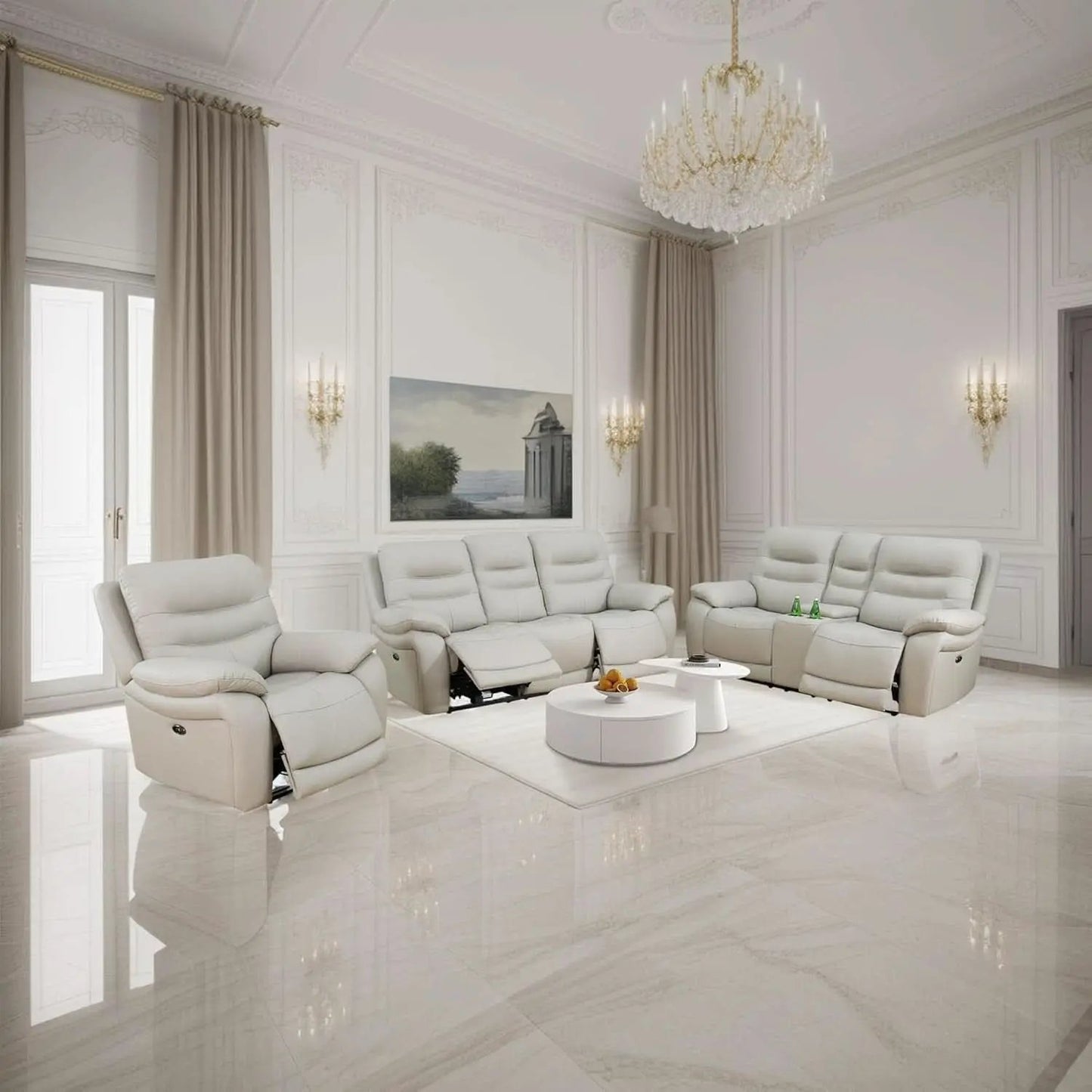 Genuine Leather Power Recliner Sofa Set 3 Piece Light Grey from PriceLows™