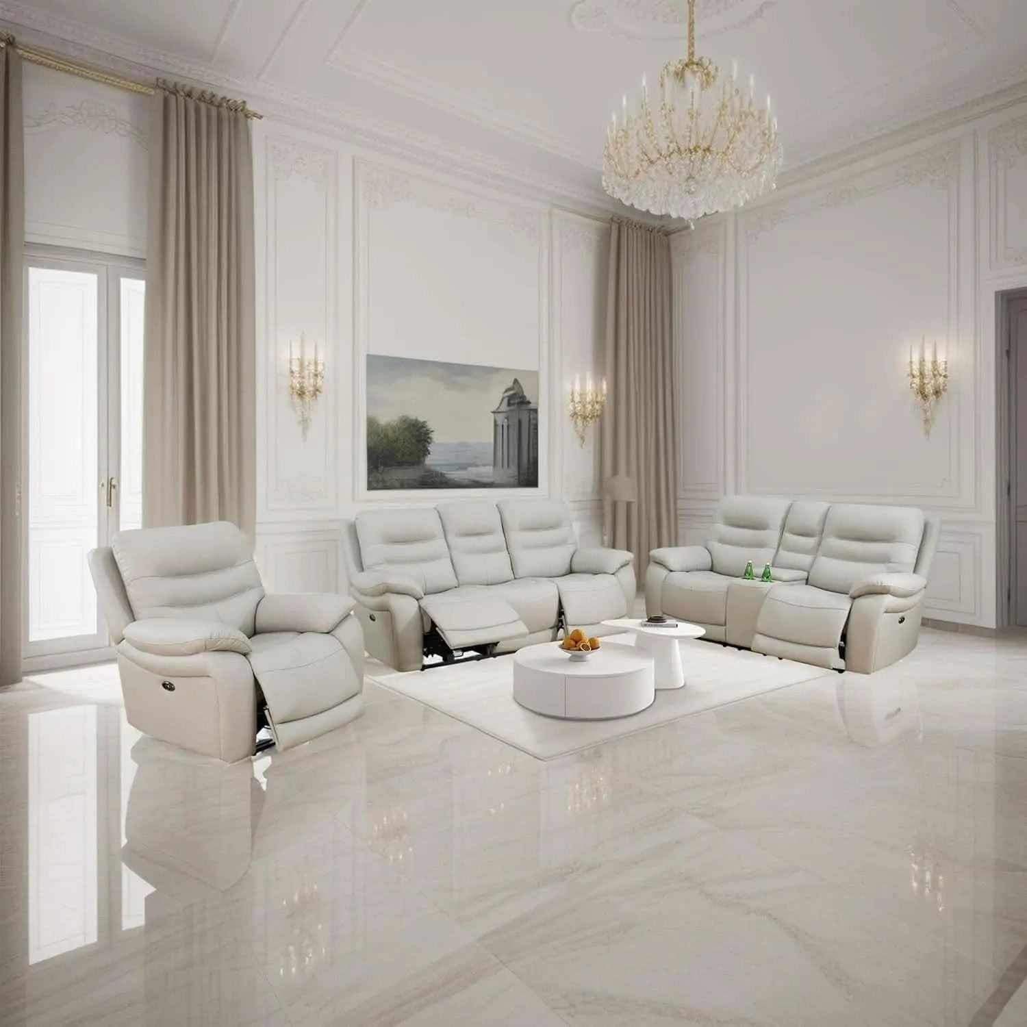 Genuine Leather Power Recliner Sofa Set 3 Piece Light Grey from PriceLows™