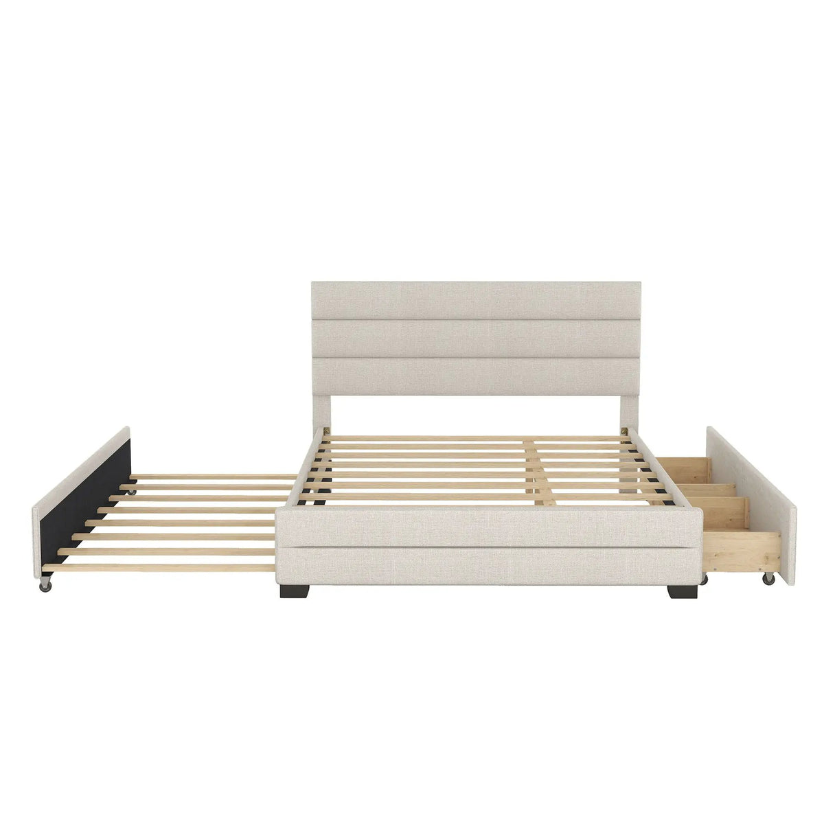 Queen Platform Bed | Twin Trundle | 2 Storage Drawers | Beige