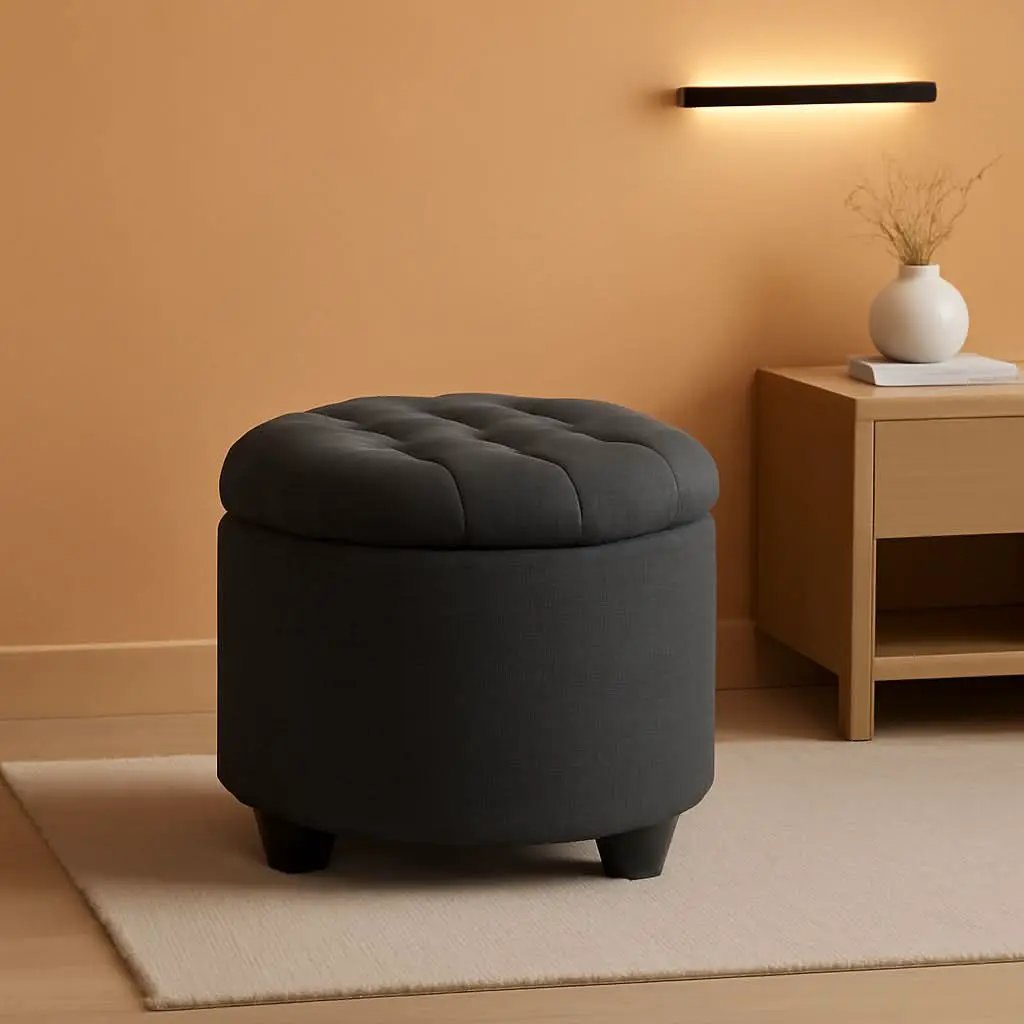 Dark Gray Round Ottoman 17InchesDiameter With Storage from PriceLows™