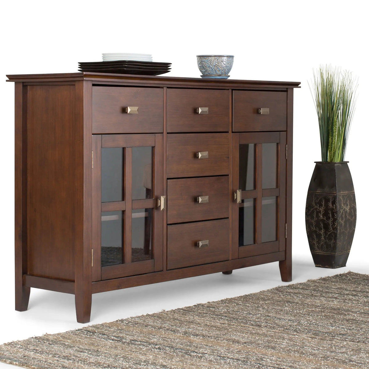 Artisan Sideboard Buffet | Handcrafted Solid Wood | 6 Center Drawers | Metal Glides