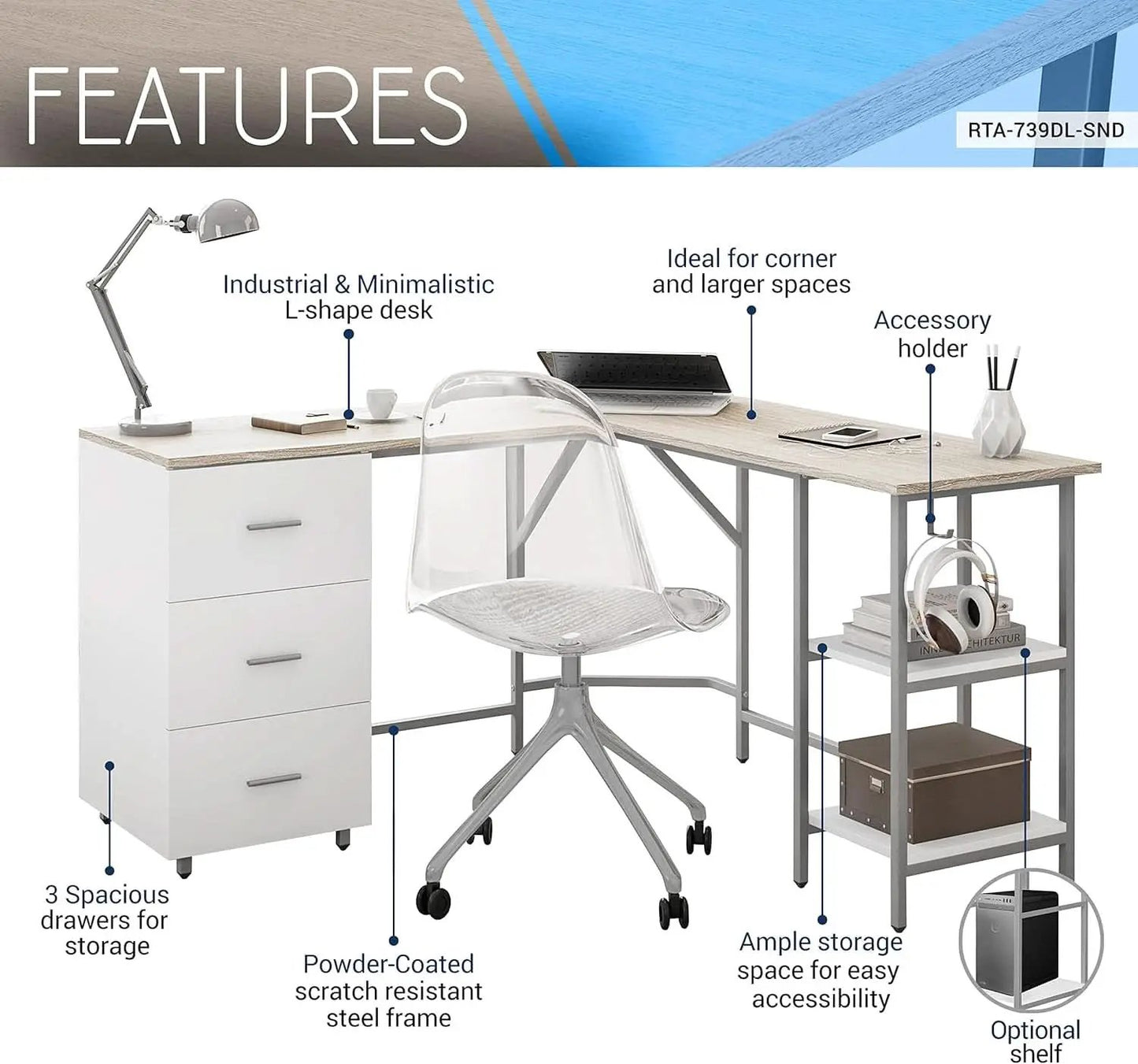L Shaped Desk Two Toned With Drawers And Open Shelf Home Office from PriceLows™