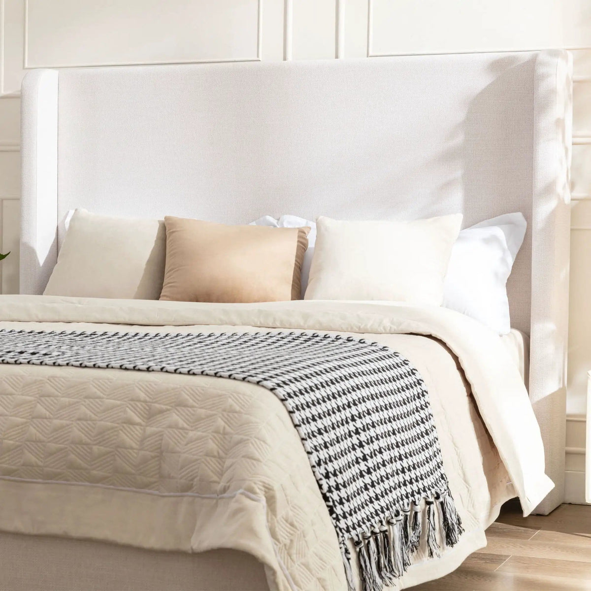 Hayden Upholstered Wingback Bed With Tall Headboard | 2 Pieces | Solid Wood & Walnut | Bedroom