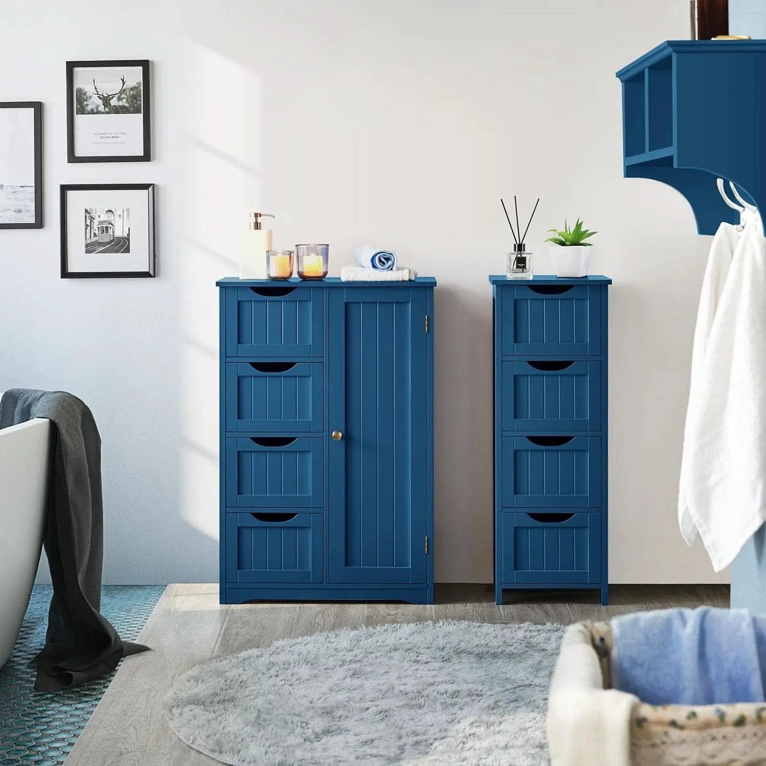 Navy Blue Wooden Bathroom Floor Cabinet With 4 Drawers And Cupboard from PriceLows™