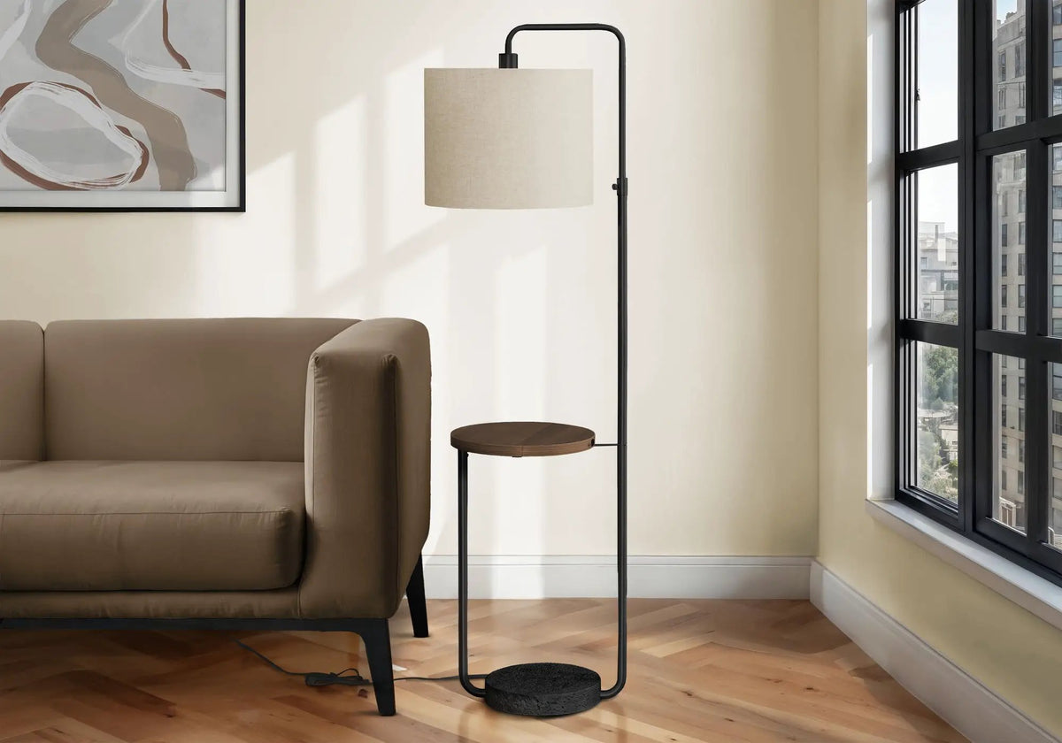 Floor Lamp With USB Port | Adjustable Arm Height | Ivory Fabric Shade | Built-In Shelf