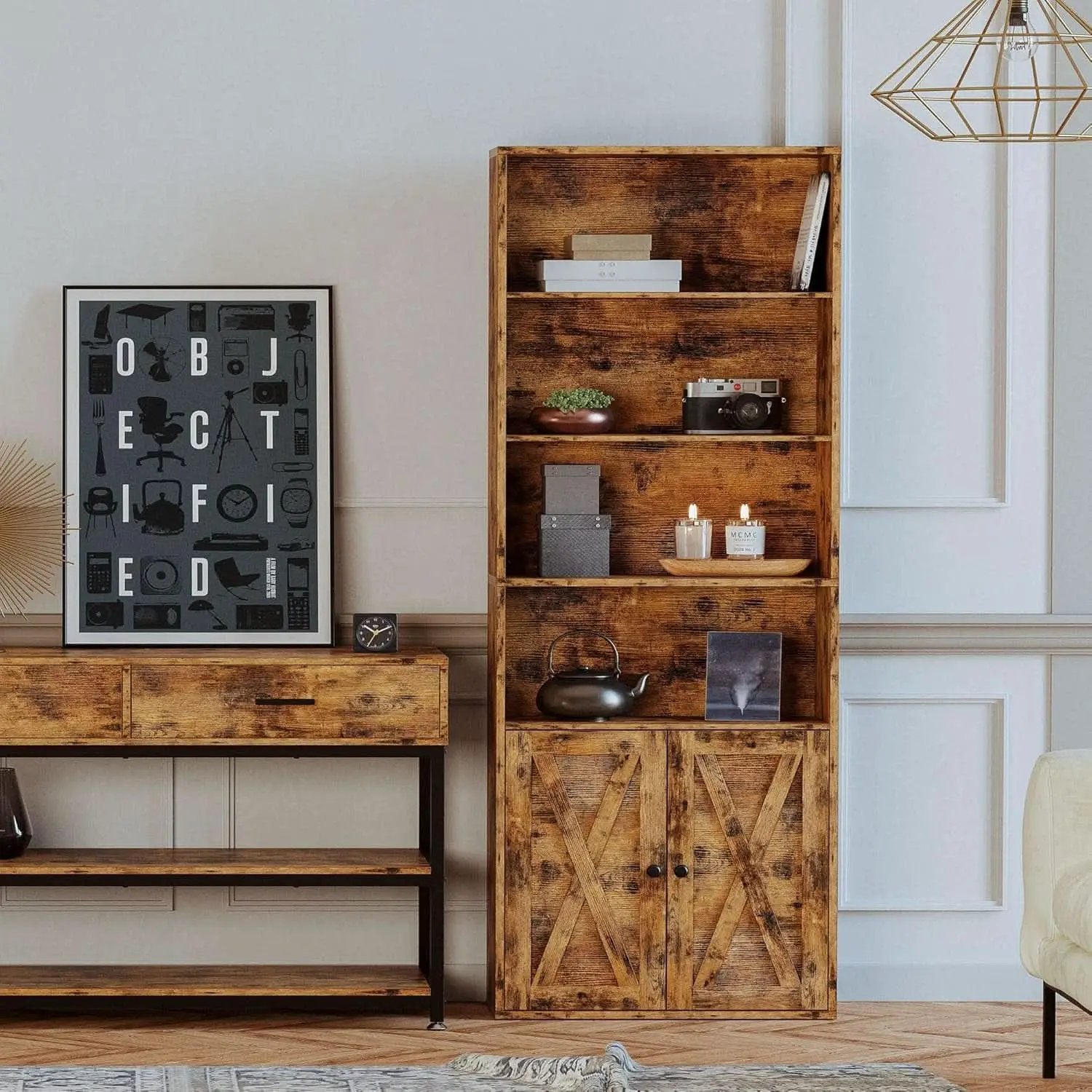 Industrial 70 Inch Tall Bookcase With Doors 6 Shelf Floor Standing Storage from PriceLows™