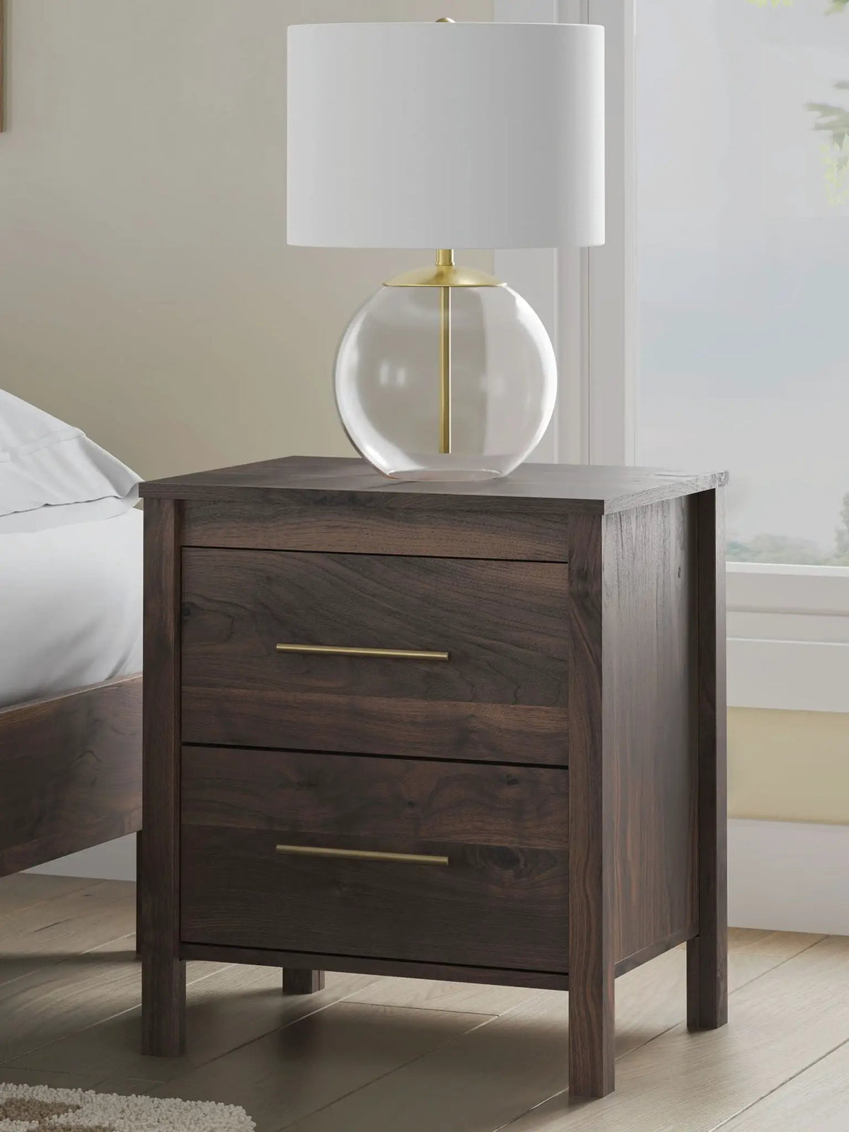 Calverson Nightstand | Industrial Style | Replicated Walnut Grain | Burnished Hardware
