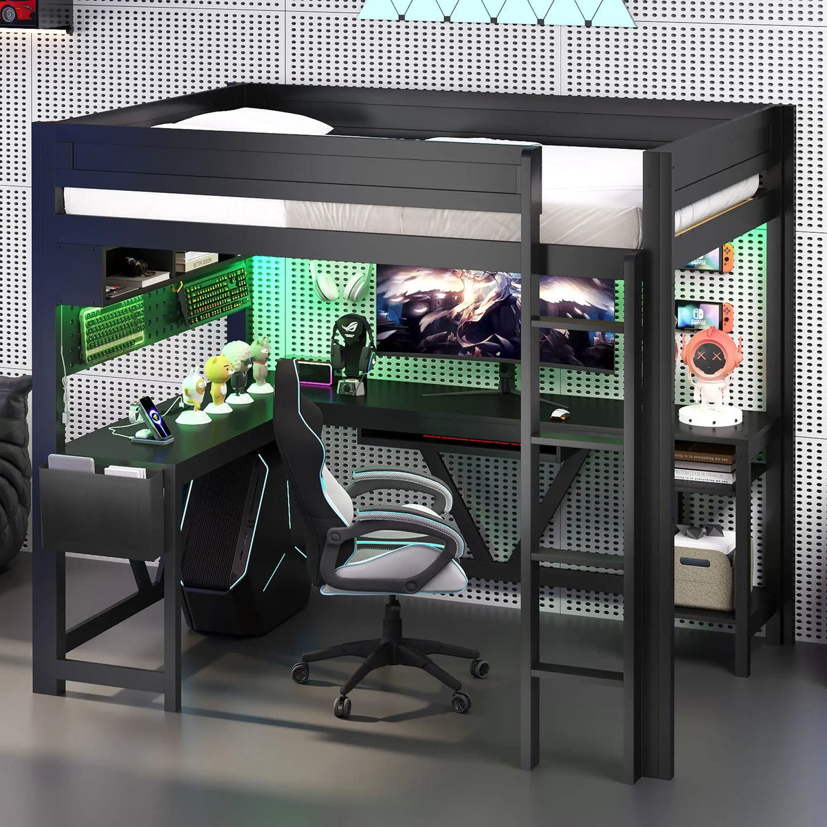 Gaming Loft Bed With Desk | Open Shelf And Fabric Storage Bag | Adjustable LED | Charging Station