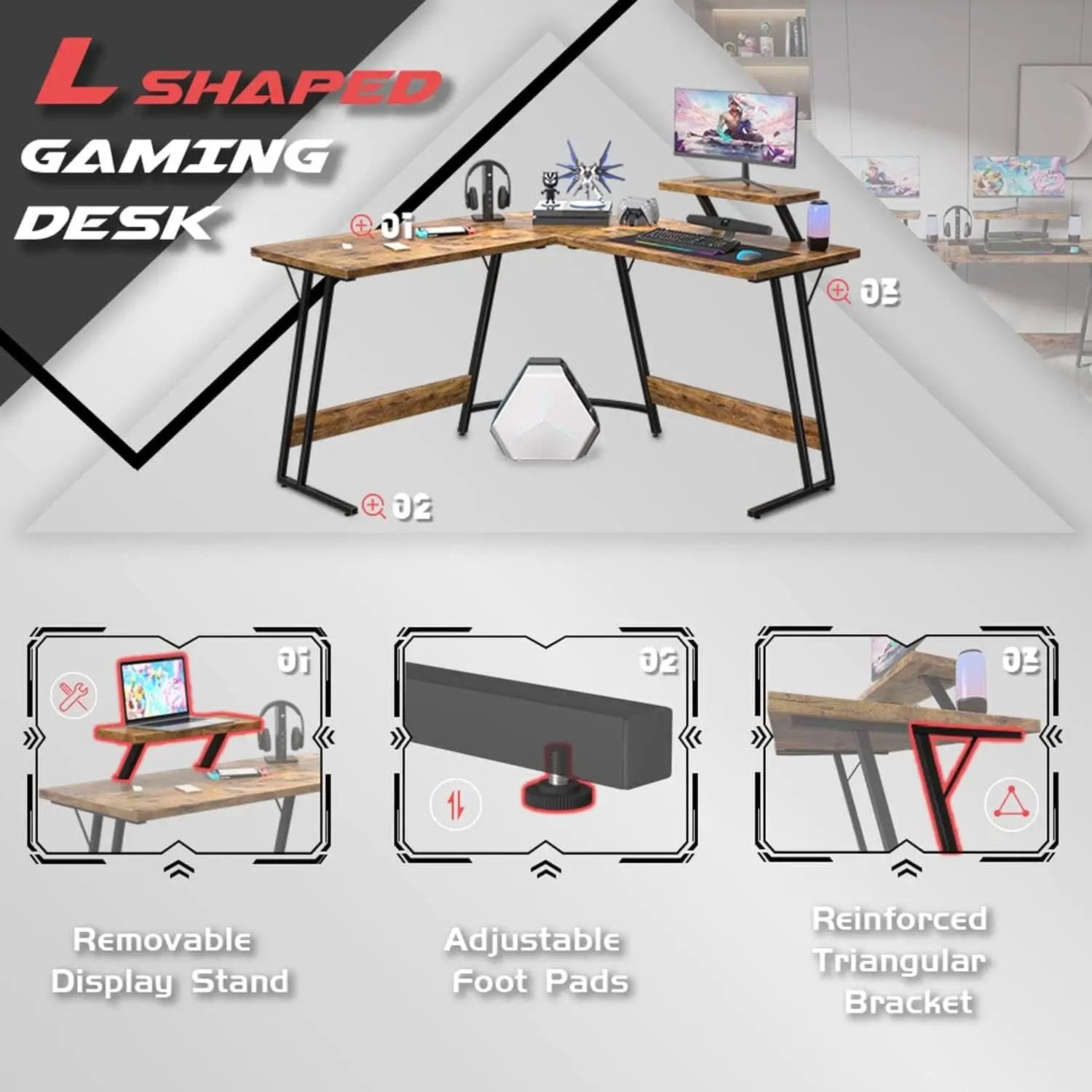 L Shaped Gaming Desk 51 Inch With Monitor Riser Brown from PriceLows™