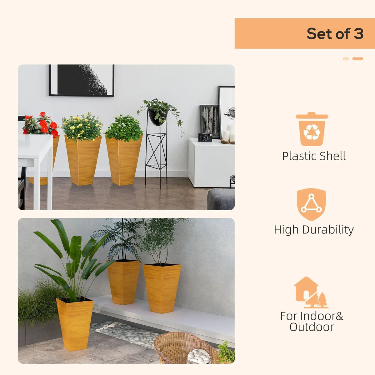 Outsunny Tapered Outdoor Planters | Set Of 3 | Faux Wood Grain Look | Drainage Holes And Plug