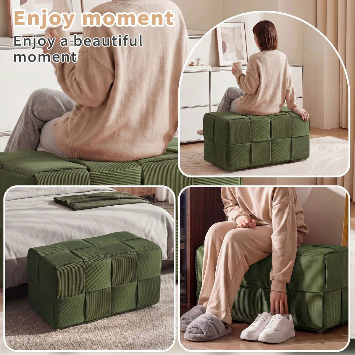 Modern Ottoman Foot Rest | Woven Design | Engineered Wood Frame | 14.2 Inch Cube